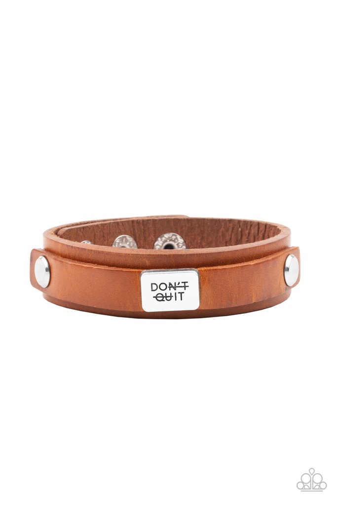 Word Bracelet Brown Leather Wrap - Don't Quit Now