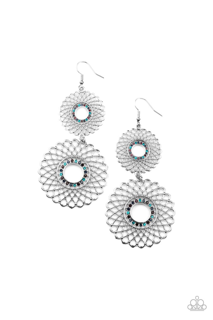 Regal Roulette - Multi Color Blue and Silver Mandala Long Dangle Earrings