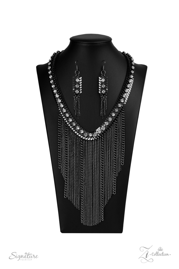 Black Bib Necklace Set, Fancy Earrings - Gunmetal Fringe - The Alex
