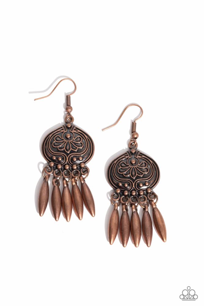 "Rustic Copper Earrings Dangle Embossed with Floral Pattern - Future, PASTURE, and Present"