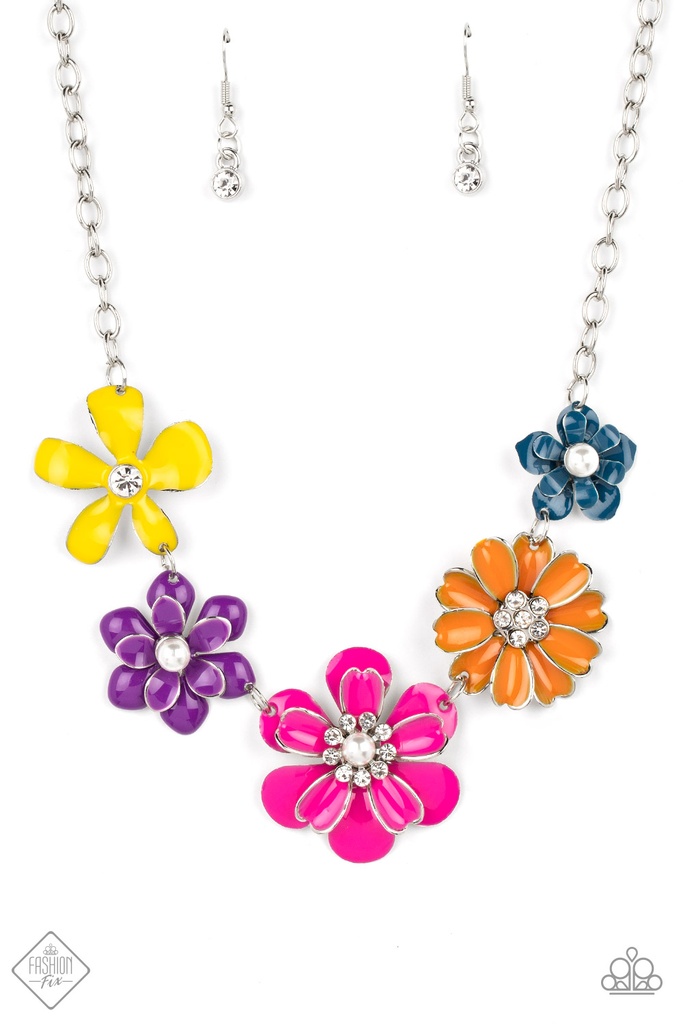 Flower Necklace 3D Pink, Purple, Yellow, Orange, Blue in Silver Chain - Floral Reverie