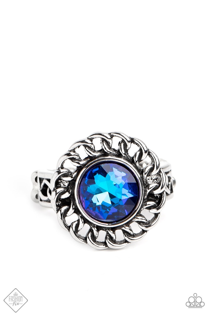 Statement Stretch Ring, Blue in Silver Adjustable Ring Band - Round Table Runway