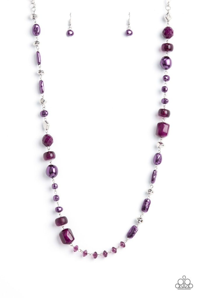 Purple Necklace, Beaded in Pearly, Crystal, and Acrylic Purple Beads - Silver - Juicy Gossip
