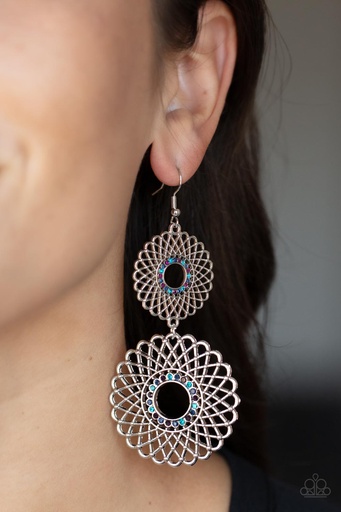 Mandala Dangle Earrings with Multi Color Crystals in Blue and Silver - Regal Roulette