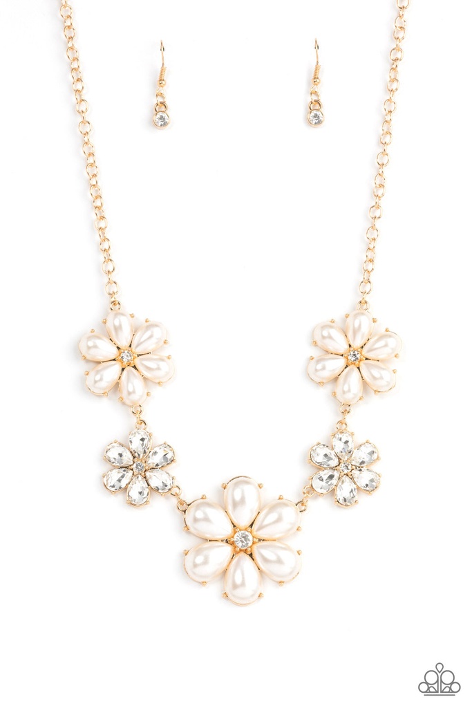 Gold Pearl Necklace with Flowers - Fiercely Flowering