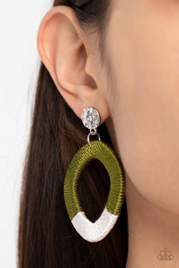 Thread Earrings in Green and White on Silver Post - That's a WRAPAROUND