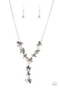 Y Necklace with Purple Crystal and Silver Flowers - Fairytale Meadow