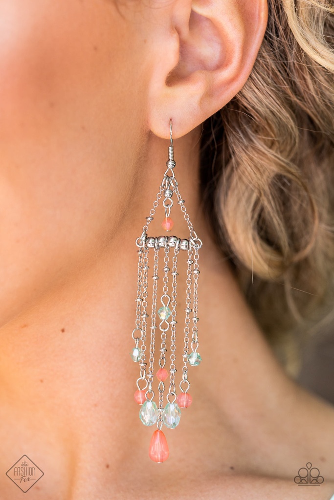 Beaded Earrings with Coral Beads in Silver Dangle - Marina Breeze
