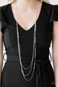 Long Necklace Layered with White and Silver Beads - Colorful Cadence