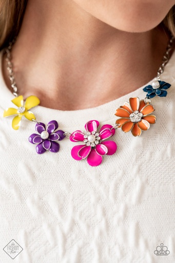 Flower Necklace 3D Pink, Purple, Yellow, Orange, Blue in Silver Chain - Floral Reverie