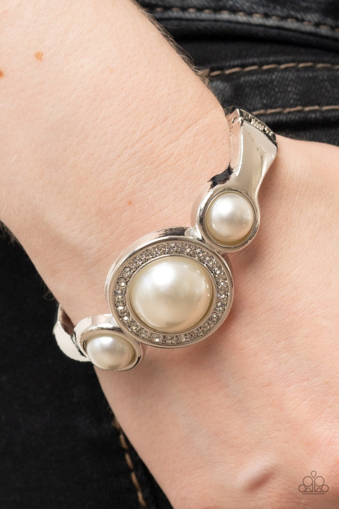 White Pearl Bracelet Hinged Silver Band with Crystals - Debutante Daydream