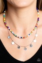 Multi Color Seed Bead Necklace Layered with Silver Discs - Comet Candy