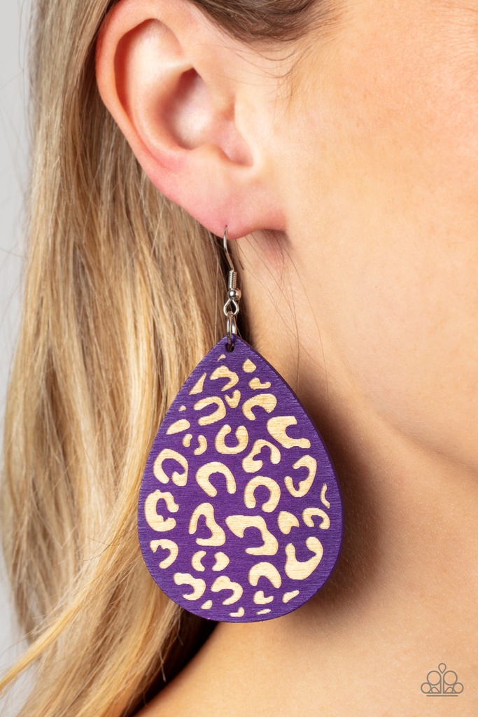 Wood Earrings Purple Leopard Animal Print in silver Dangle - Suburban Jungle