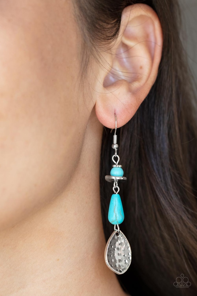 Turquoise Earrings Silver Dangle with Blue Stone and Hammered Metal  - Artfully Artisan