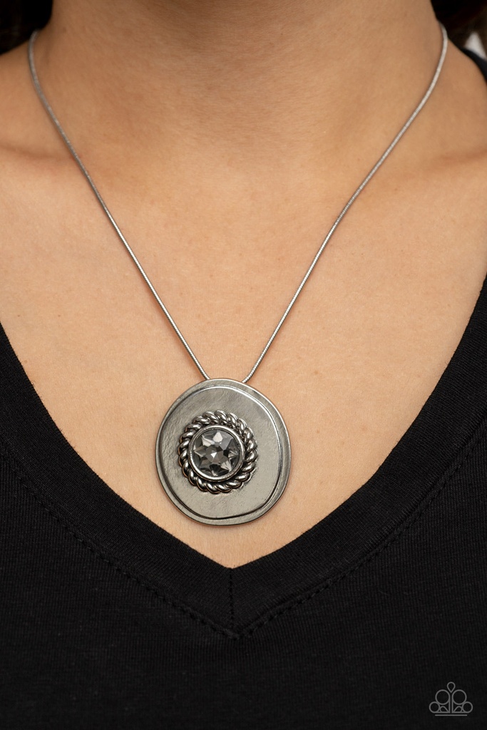 Silver Medallion Necklace With Smoky Crystal in Silver Snake Chain  - Make Me a MEDALLION-aire