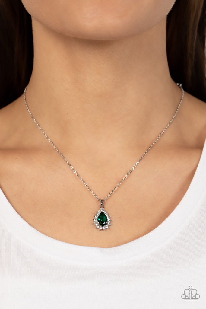 Green Necklace Delicate Teardrop Gem and Crystals in Silver Chain - A Guiding SOCIALITE