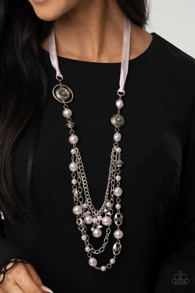 Long Necklace, Beaded with Pink Pearl Beads and Pink Ribbon - All The Trimmings