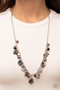 Rock Necklace Wood Beads and Silver Discs Iridescent Jewelry in Silver Chain - Caribbean Charisma