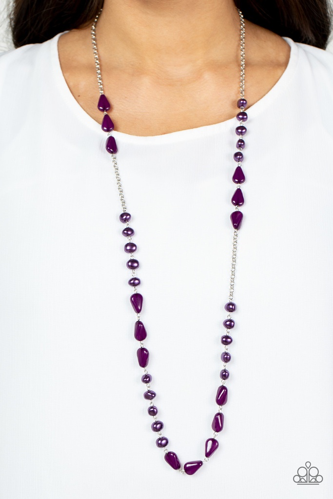 Purple Necklace, Beaded in Pearly, Crystal, and Acrylic Purple Beads - Silver - Juicy Gossip