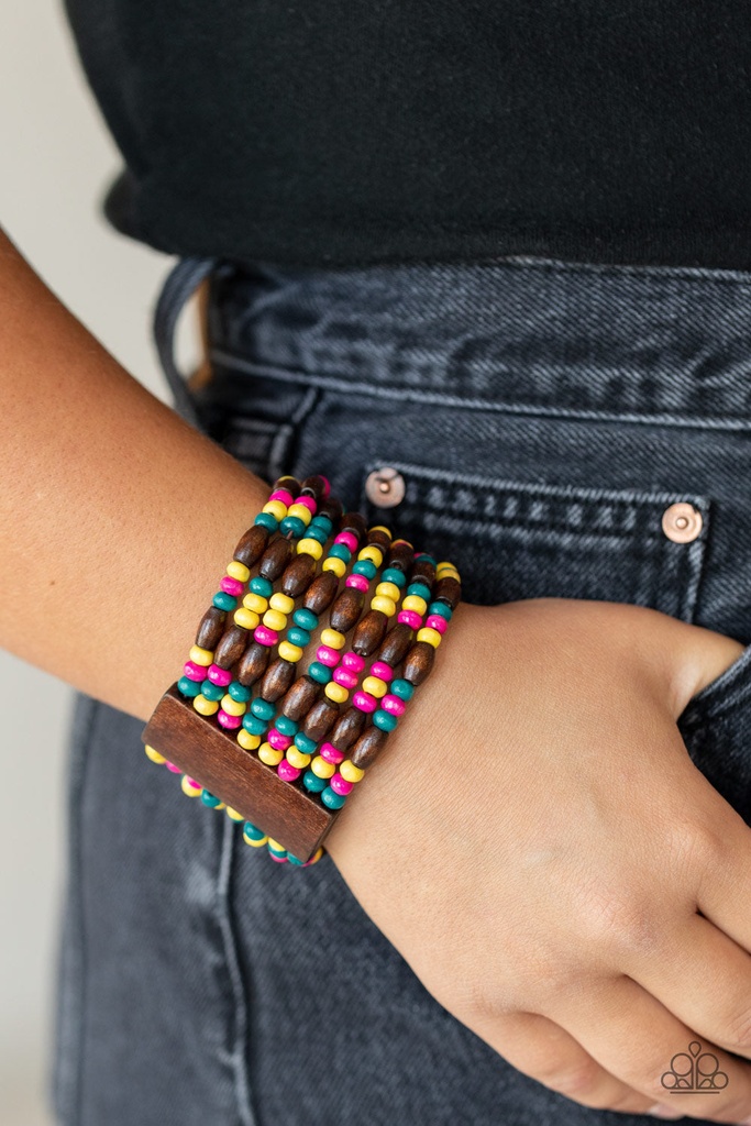 Wide Bracelet Beaded Wood Stretch - Multi Colors - Tropical Nirvana