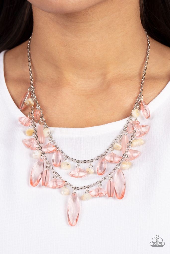 Layered Necklace Pink Beads and Pebbles in Silver Chain - Candlelit Cabana