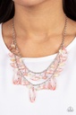 Layered Necklace Pink Beads and Pebbles in Silver Chain - Candlelit Cabana