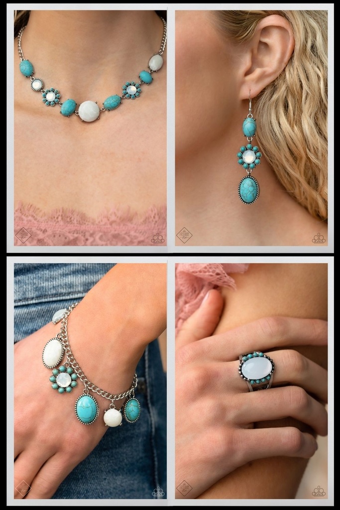 Western Jewelry Set with Turquoise Stones and White Beads - Silver Chain - Fashion Fix - Cowboy Charm