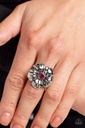 Stretch Ring with Silver Flower and Pink Crystal in Adjustable Ring Band - BLOOM BLOOM Pow