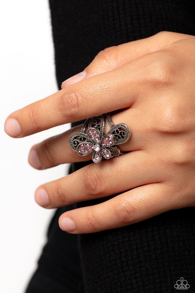 Flower Stretch Ring with Pink Crystals in Silver Adjustable Ring Band - Garden Escapade