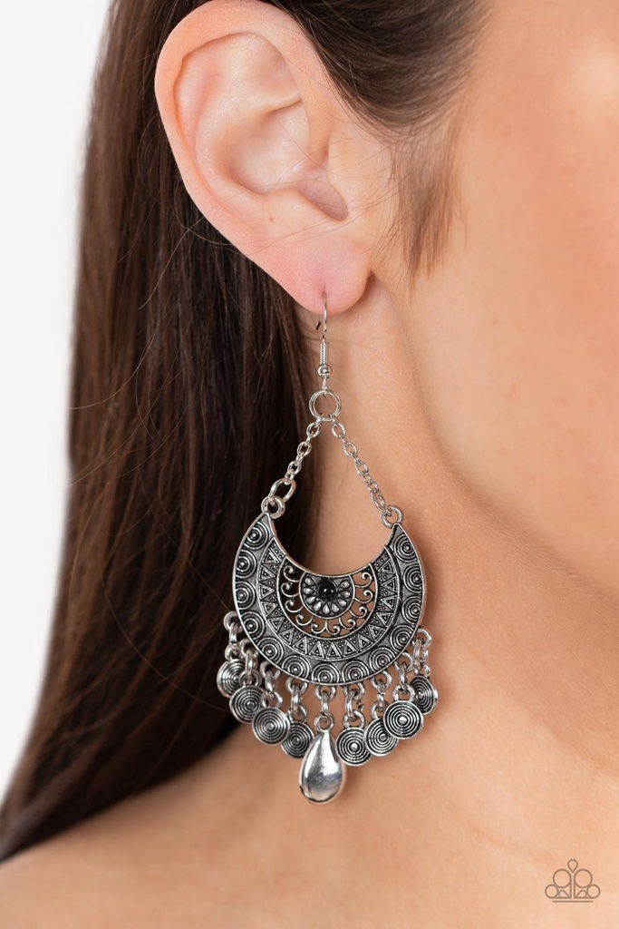 Tribal Earrings Black Crystals on Silver Half Moon Dangle - Lunar Allure