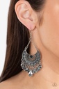 Tribal Earrings Black Crystals on Silver Half Moon Dangle - Lunar Allure