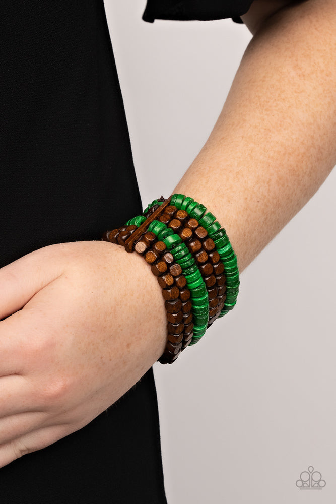 Wood Beaded Bracelet Green and Brown Stretchy - Fiji Fiesta