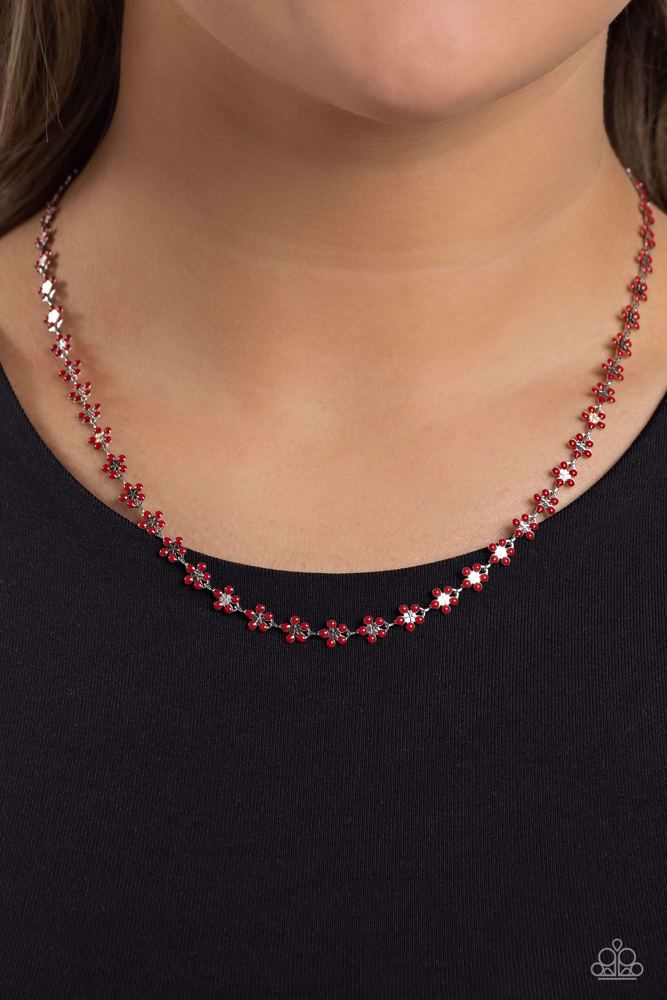 Flower Necklace Red Dainty Chain in Silver - Floral Catwalk