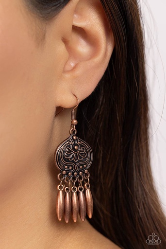 "Rustic Copper Earrings Dangle Embossed with Floral Pattern - Future, PASTURE, and Present"