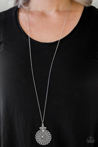 Long Necklace Flower Pendant with Hematite Crystals in Dainty Silver Chain - Walk On The WILDFLOWER Side