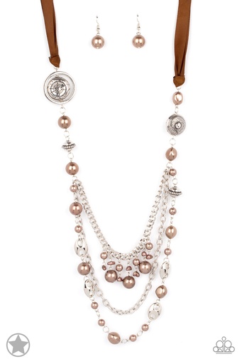 [014] Brown Ribbon Necklace with Pearl Beads - All The Trimmings