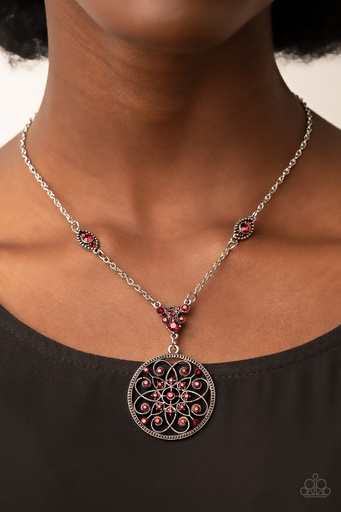 [044] Medallion Necklace with Red Crystals and Silver Chain - Timeless Traveler