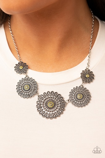 [048] Mandala Necklace with Yellow Crystals and Silver Chain - Marigold Meadow