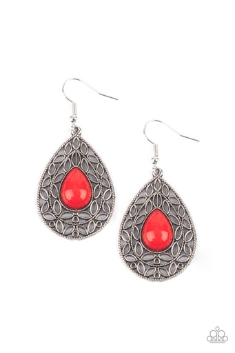 [072] Teardrop Dangle Earrings with Red Bead and Silver Boarder - Fanciful Droplets