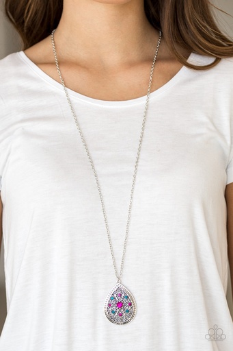 [074] Silver Pendant Necklace with Blue and Pink Crystals - I Am Queen