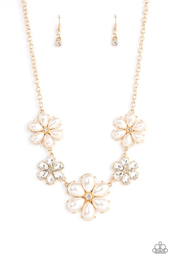 [075] Gold Pearl Necklace with Flowers - Fiercely Flowering