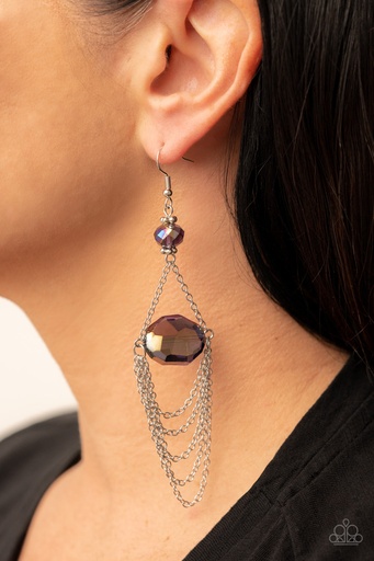 [082] Chandelier Dangle Earrings with Iridescent Purple Gem and Silver Chains - Ethereally Extravagant