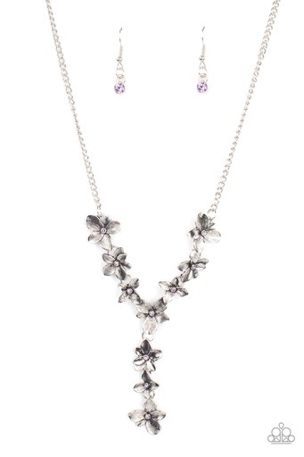 [089] Y Necklace with Purple Crystal and Silver Flowers - Fairytale Meadow