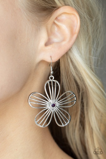 [100] Silver Flower Earrings with Purple Crystal - Meadow Musical