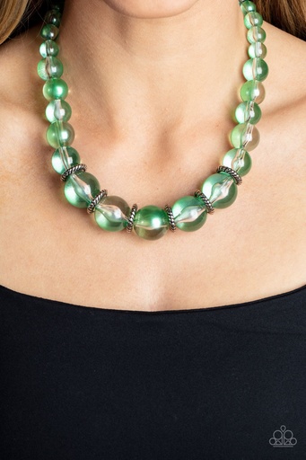 [185] Beaded Necklace Chunky with Transparent Green Beads - Marina Mirage