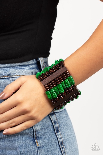 [190] Beaded Bracelet Stretch with Brown and Green Wood Beads - Vacay Vogue