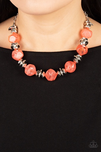 [200] Beaded Necklace Chunky Coral Beads in Silver - Island Ice