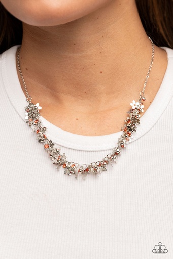 [207] Flower Necklace Cluster with Orange Crystals in Silver - Fearlessly Floral