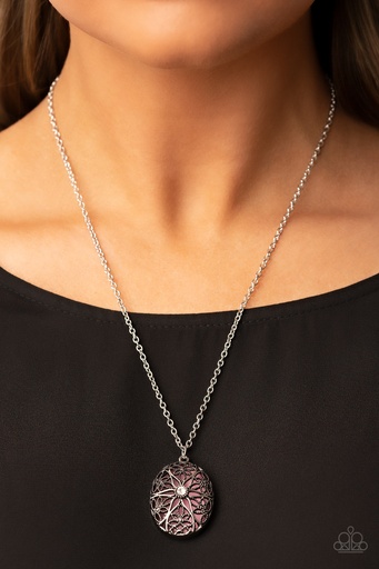 [248] Pendant Necklace Pink Moonstone Floral Cage in Silver  - Venice Vacation