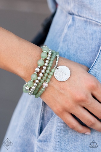 [278] Layered Stretch Bracelet Green Beads Silver - Surfer Style